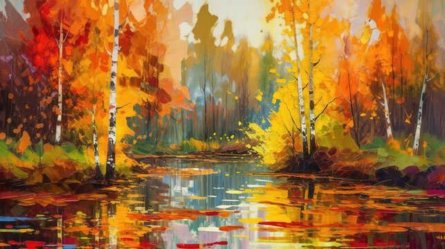 Oil painting colorful autumn trees. Generative Ai