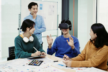 Team of Creative Web, Graphic Designer planning for mobile phone, drawing website ux ui app for mobile phone application and development template layout, process to developing prototype wireframe.