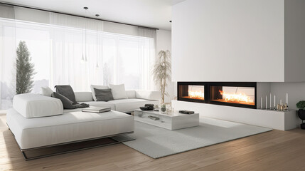Fototapeta na wymiar luxury and modern interior design living room with light wooden floors and white sofas