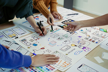 Team of Creative Web, Graphic Designer planning, drawing website ux ui app for mobile phone...
