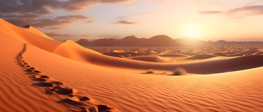 Panorama sur un désert de sable au coucher du soleil © Yann