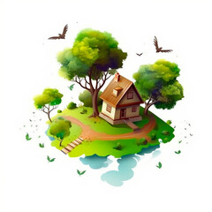 Template of a flying plot of land on which a house stands next to a tree, on a white background, ultra - realistic, 2D