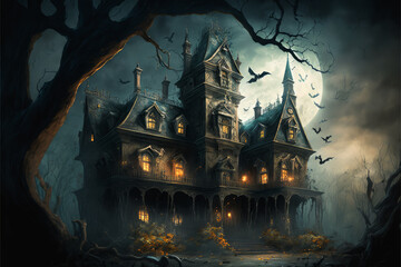 Creepy haunted house in the moonlight