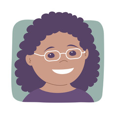 Cartoon portrait of a girl with glasses. A smile on his face. School age. Joyful child. Happy childhood. Flat vector illustration on white background