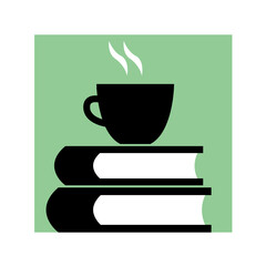 Silhouette of a cup with coffee on a stack of books. Education and training symbol. Vector illustration isolated on white background