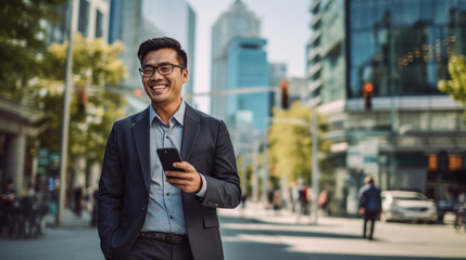 Cheerful Asian businessman rushes to work in office created with generative AI technology