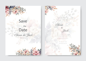 Wedding card template with floral feather rustic concept watercolor stylexa