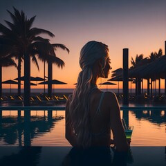 Woman watching the sunset with a cocktail in an infinity pool, showcasing luxury lifestyle, vacation, resort, wealth, and opulence