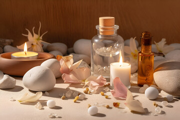 Beautiful spa composition on beige background. Natural skincare cosmetic products. AI generated