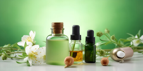 Beautiful spa composition on green background. Natural skincare cosmetic products. AI generated