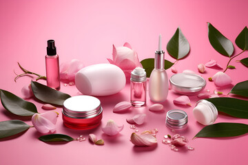 Obraz na płótnie Canvas Beautiful spa composition on pink background. Natural skincare cosmetic products. AI generated