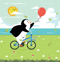 Cute penguin Riding A Bicycle In The Fields © focus_bell