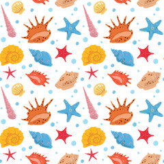 Summer seamless pattern with colorful different seashells and starfishes in flat hand drawn vector style. For design, background, textile, wallpaper, packaging