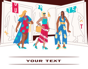 Summer fashion clothes sale banner or poster design with women dressed in designer summer clothes flat vector illustration on white background. Seasonal sale banner.