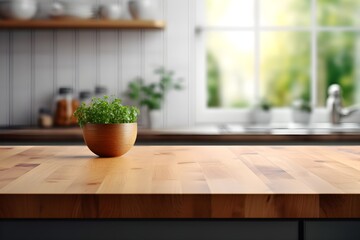 empty wood table top blur modern kitchen interior background, generative ai