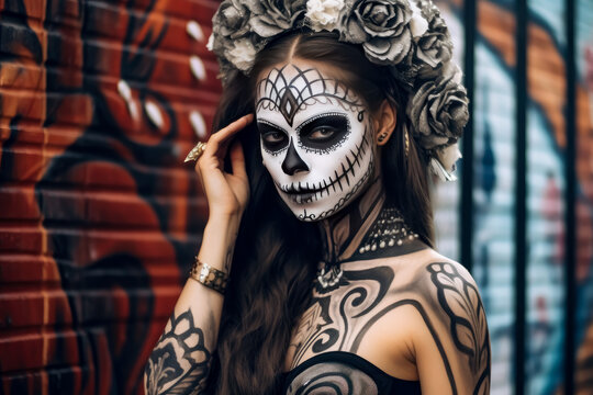 Girl is dressed in tattooed Halloween skeleton makeup.