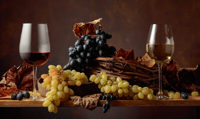 Glasses of white and red wine with bunches of grapes on a wooden table.