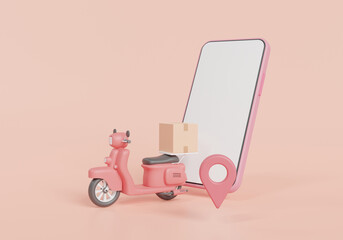 Online fast delivery express via mobile. Delivery package, Online food order, shipping, shopping, package delivery, courier, Smart Logistic, parcel box. 3d minimal render illustration. Cartoon minimal