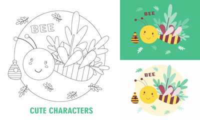 Animal character coloring book for cute bee