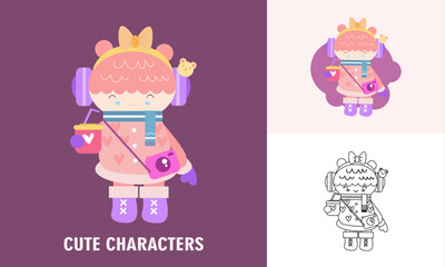 Cute character girl with cartoon illustration and coloring for kids