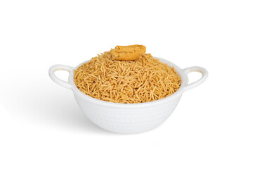 Bhujia sev- Famous Bikaneri bhujia, often simply called bhujia, is a popular crispy snack prepared by using moth beans and besan and spices, originating from, Bikaner, Rajasthan, India.