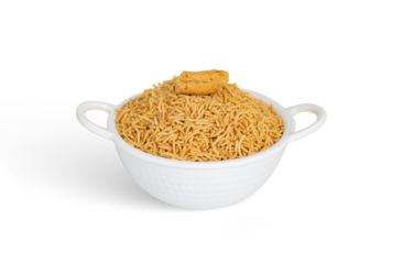 Bhujia sev- Famous Bikaneri bhujia, often simply called bhujia, is a popular crispy snack prepared by using moth beans and besan and spices, originating from, Bikaner, Rajasthan, India.