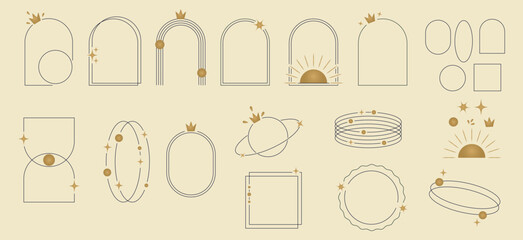 Set of minimalist boho style aesthetic elements. Arched frames with stars, geometric shapes in a linear style, gold elements. Arches with crown. Vector illustration. © YEVHENIIA
