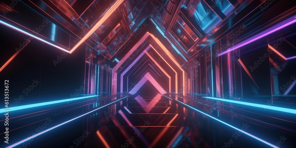 Poster 3d rendering of a futuristic background with geometric shapes and colorful neon lights. generative a