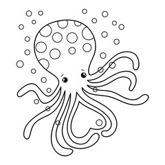 Illustration in black and white of an octopus surrounded by bubbles and holding a heart, coloring page