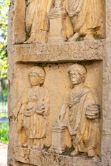 Fototapeta na wymiar Close-up carved Roman stone in Djemila museum. Setif, Algeria. UNESCO world heritage site.