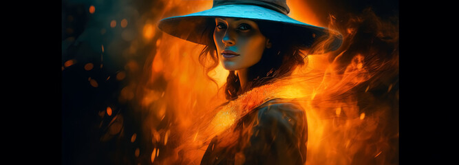 Witch woman in gold with fire and a hat, Halloween witch. 