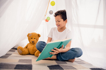 Photo of smart schoolkid reading book telling story teddy bear in comfort homemade tent indoors in preschool playroom
