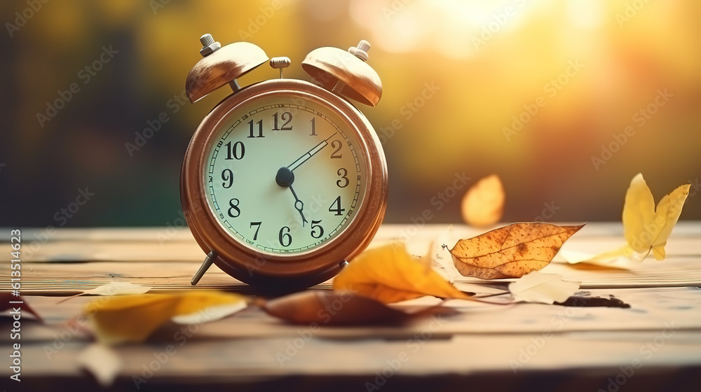 Poster vintage clock along with an open book on the table on a light background. generative ai
