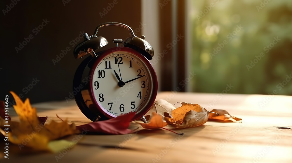 Poster vintage clock along with an open book on the table on a light background. generative ai