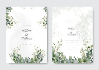Minimalist wedding card template with green leave watercolor. Rustic theme wedding card invitation.