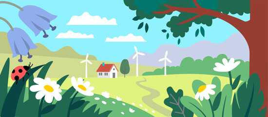 Obraz na płótnie Canvas Summer landscape with wind mills. Flower field.