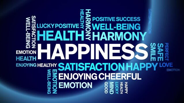 Happiness animated tag word cloud;text design animation kinetic typography seamless loop.