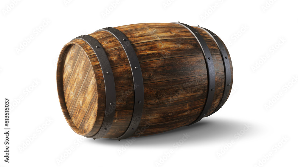 Wall mural wooden barrel lying down isolated on an empty background. 3d rendering