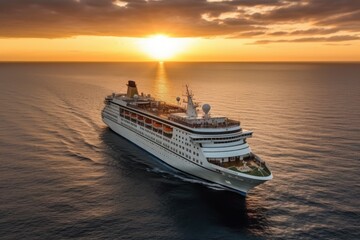 Aerial view of luxury white cruise ship in tropical sea. Beautiful sky, bright sunset over the horizon. The concept of summer cruise vacation and travel. Generative AI