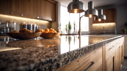 Fragment of a modern kitchen in a luxury home. Quartz countertop, wooden cabinets, table decor, pastries on a wooden cutting board in the foreground, beautiful garden view from the Generative AI