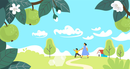 Apple tree with landscape. Mother and child walk nature in summer.