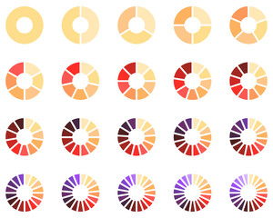 Chart segments collection. Sections and slices pack. Wheel diagrams set in purple orange colors.