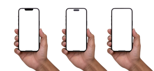 Hand holding the black smart phone 14 with blank screen and modern frameless design in two rotated perspective positions - isolated on white background - Clipping Path