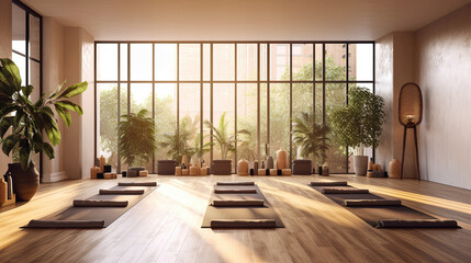 Modern yoga studio with yoga mats on the wooden floor