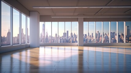 High-tech loft-style open space office. Floor-to-ceiling windows and stunning city views. White walls and natural wood floors. Empty space ready to accommodate a modern office. Mockup, Generative AI