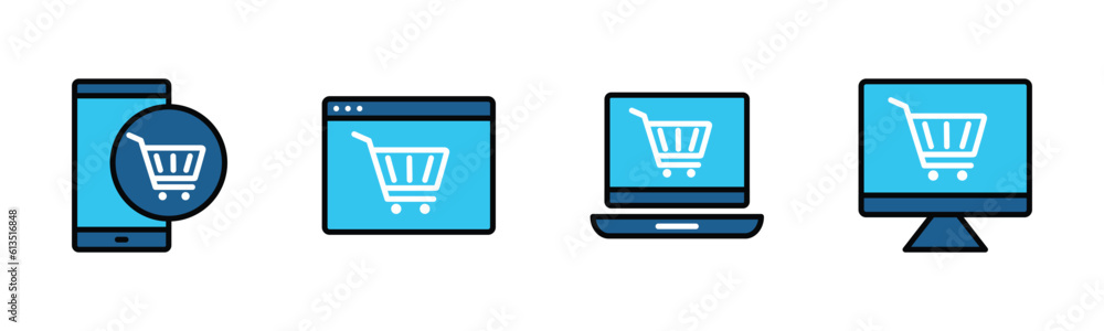 Poster e-commerce icon set. shopping cart on electronic mobile and devices icon symbol in color style on wh
