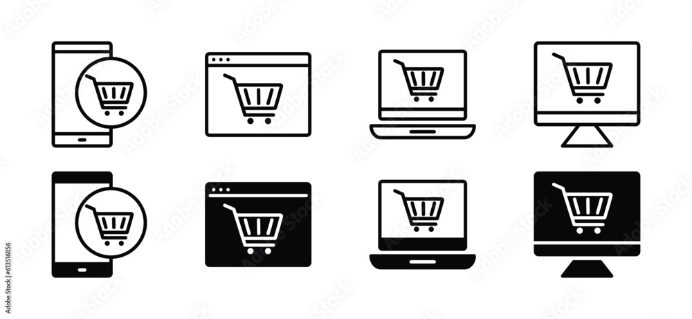 Poster e-commerce line and flat icon set. shopping cart on electronic mobile and devices icon symbol on whi