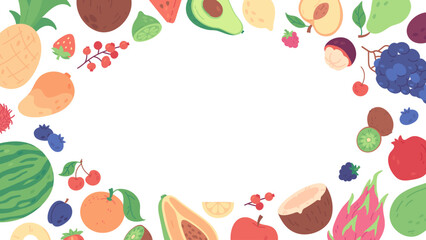 Juicy tropical fruit frame, summer fresh peach, apple, mango. Hand drawn border with healthy vegan food and natural organic ingredients, exotic fruits and berries banner, vector graphic design element