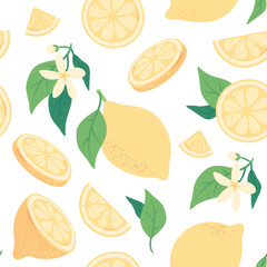 Summer juicy lemons seamless pattern, fabric or wallpaper print with lemon slices and flowers. Hand drawn texture with yellow vitamin rich citrus fruits and leaves, tropical fruit vector background