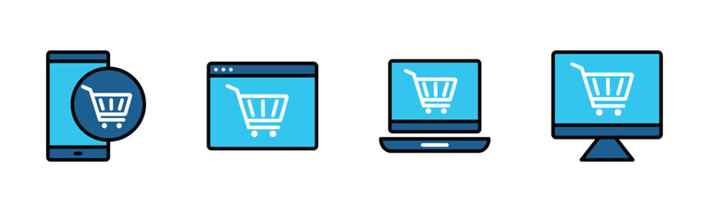 E-commerce icon set. Shopping cart on electronic mobile and devices icon symbol in color style on white background with editable stroke for apps and websites. Vector illustration EPS 10